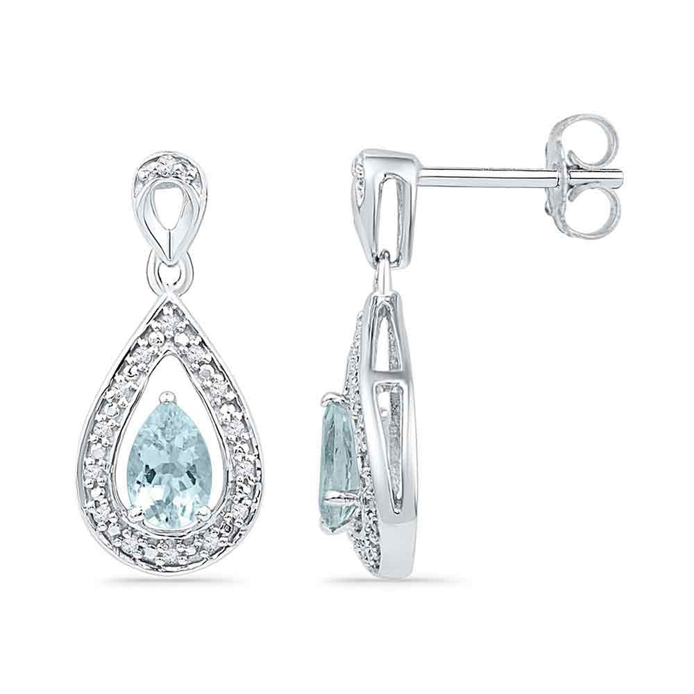 10k White Gold Diamond & Lab-Created Aquamarine Teardrop Dangle Earrings 5/8 Cttw
