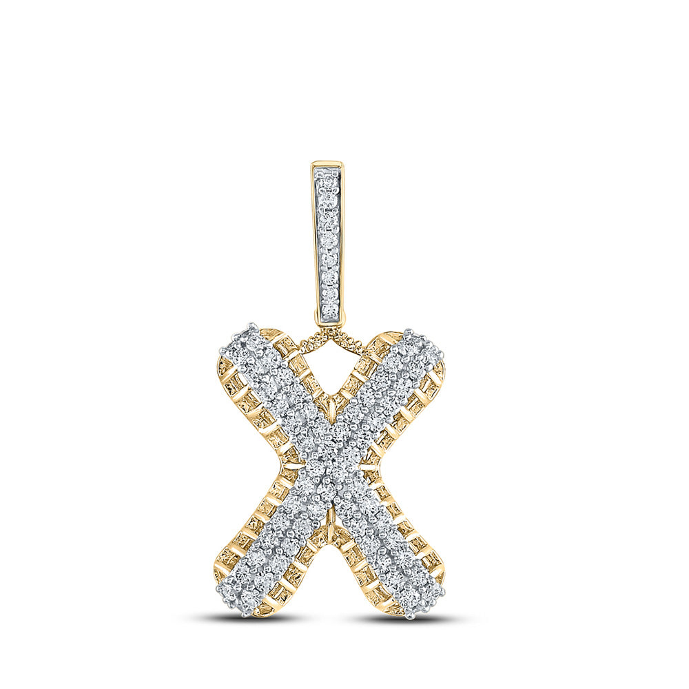 10kt Yellow Gold Mens Round Diamond X Letter Charm Pendant 1-1/3 Cttw
