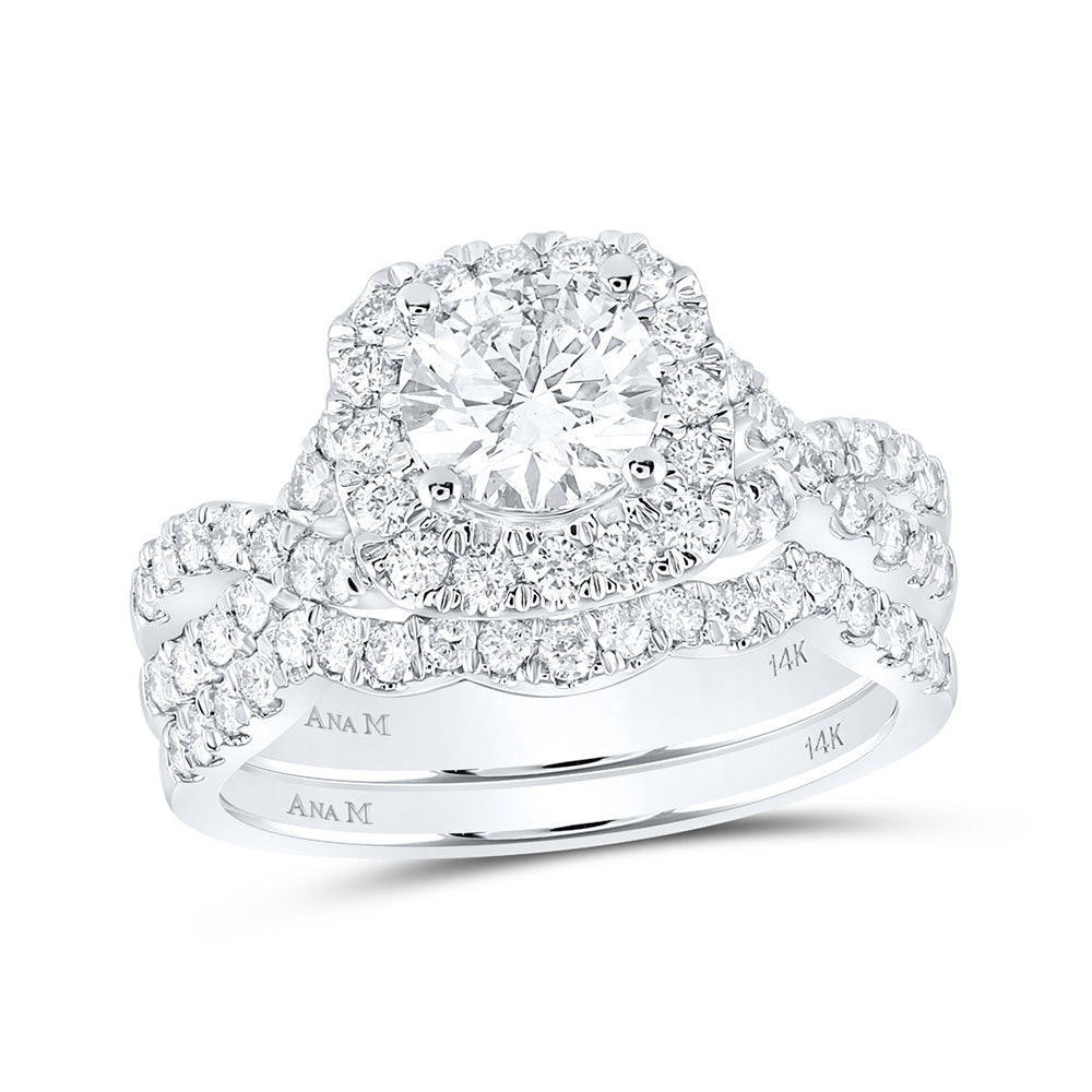 14kt White Gold Round Diamond Halo Bridal Wedding Ring Band Set 2 Cttw