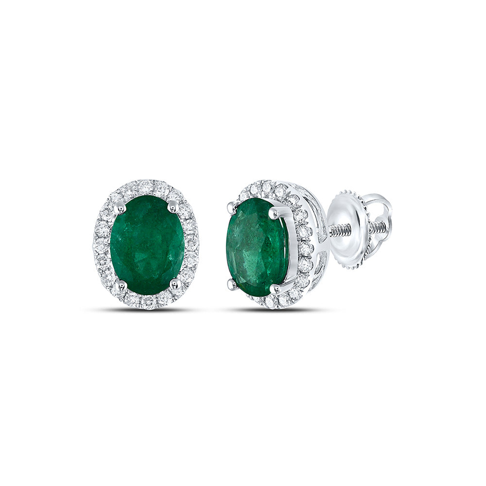 14kt White Gold Womens Oval Emerald Solitaire Diamond Halo Earrings 1-5/8 Cttw