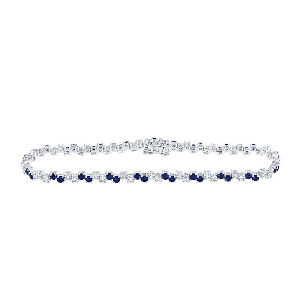14kt White Gold Womens Round Blue Sapphire Diamond Tennis Bracelet 3-7/8 Cttw