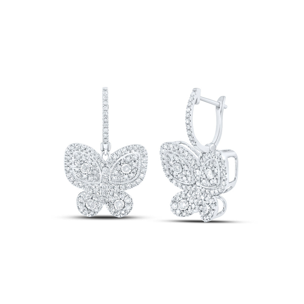 10kt White Gold Womens Round Diamond Hoop Butterfly Dangle Earrings 1 Cttw