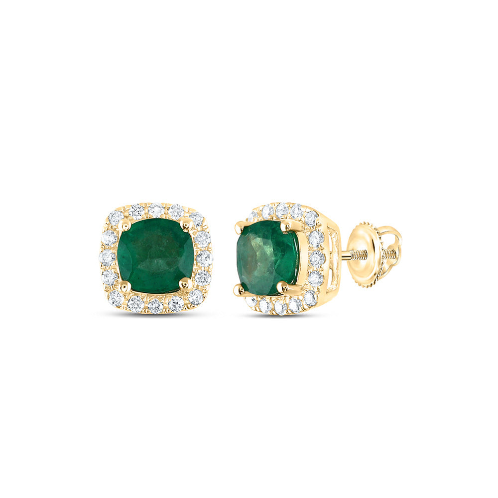 14kt Yellow Gold Womens Cushion Emerald Solitaire Diamond Halo Earrings 1 Cttw