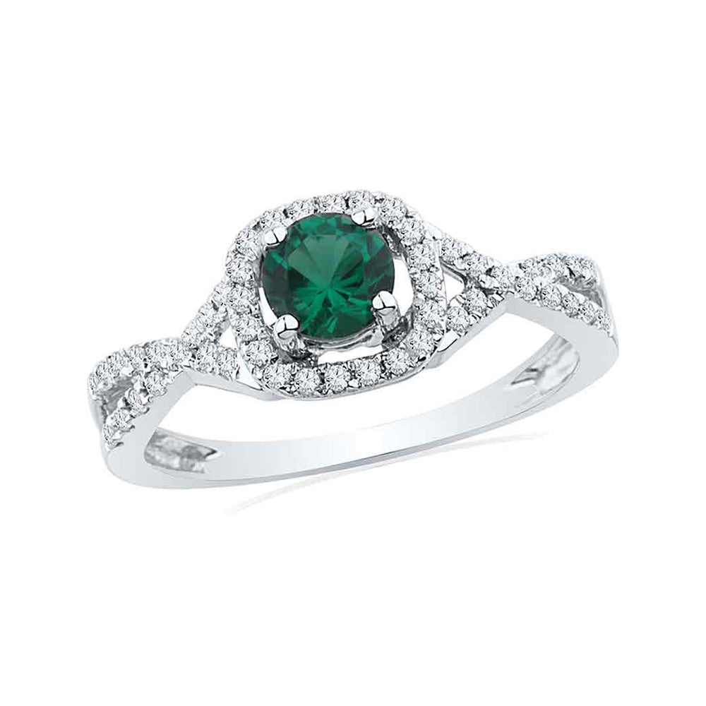 10kt White Gold Womens Round Synthetic Emerald Solitaire Diamond Ring 3/4 Cttw
