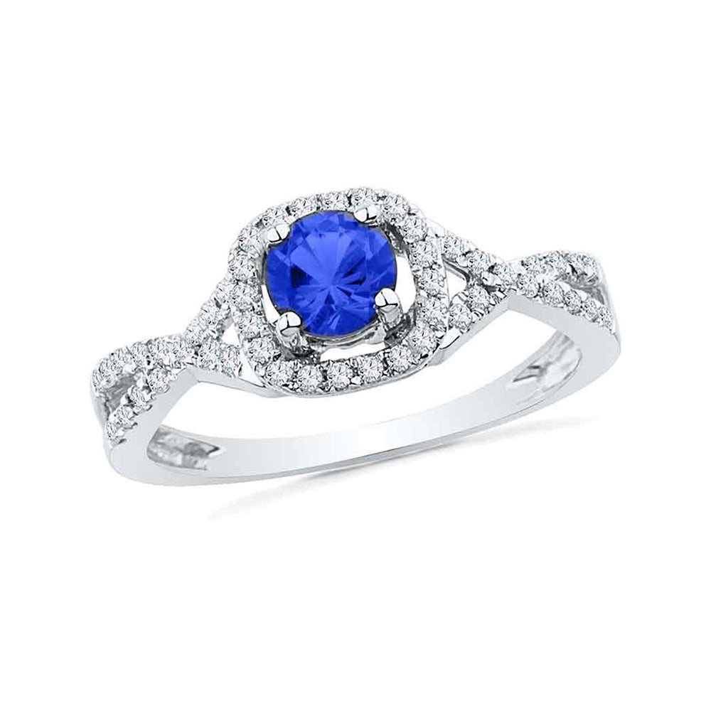 10kt White Gold Womens Round Synthetic Blue Sapphire Solitaire Diamond Ring 1/5 Cttw