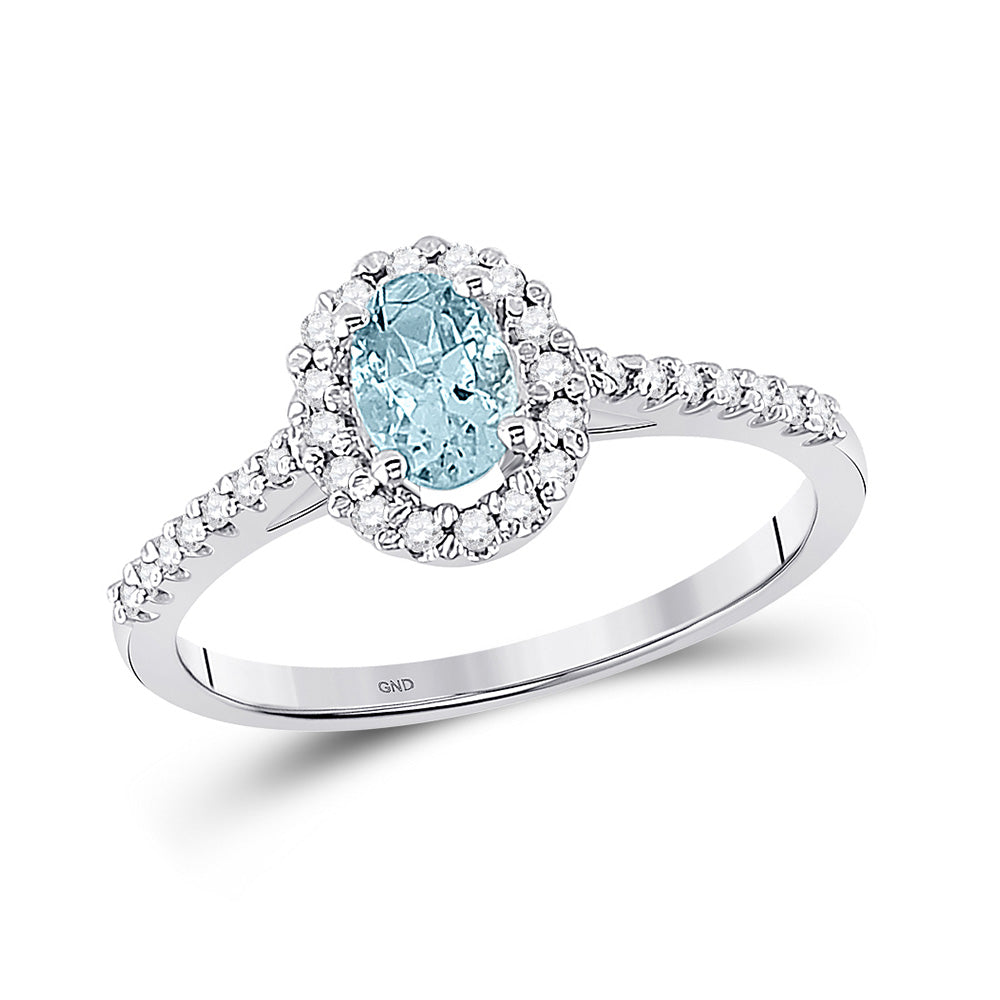10kt White Gold Womens Oval Aquamarine Diamond-accent Solitaire Ring 1/5 Cttw