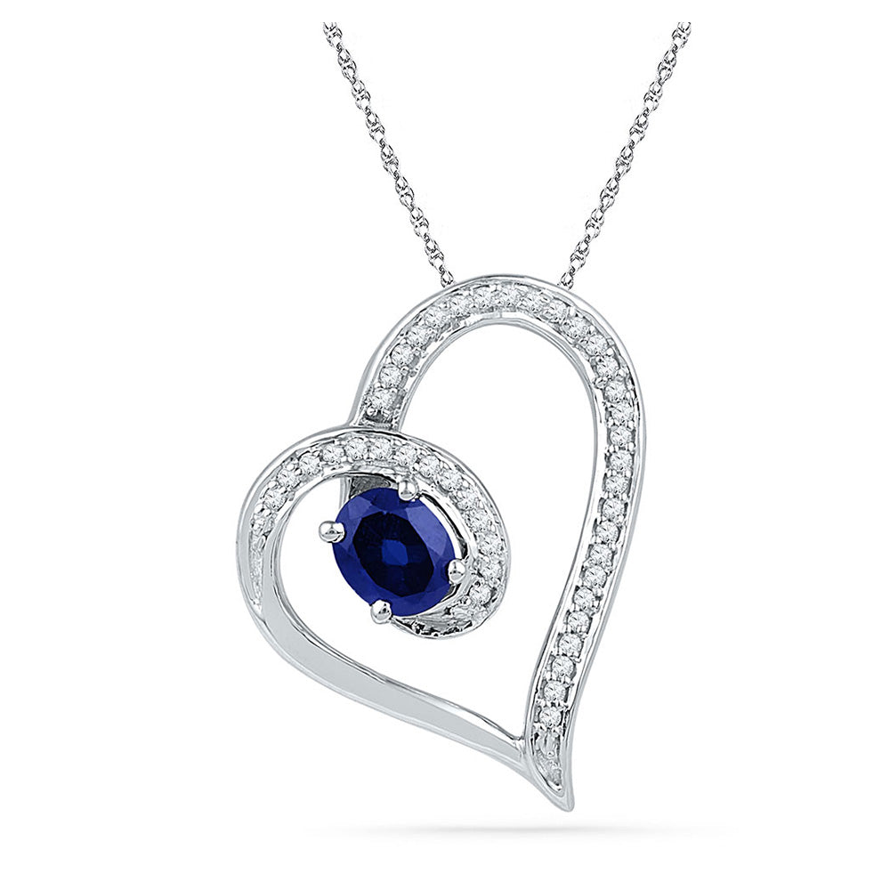 10kt White Gold Womens Oval Synthetic Blue Sapphire Heart Outline Pendant 3/4 Cttw
