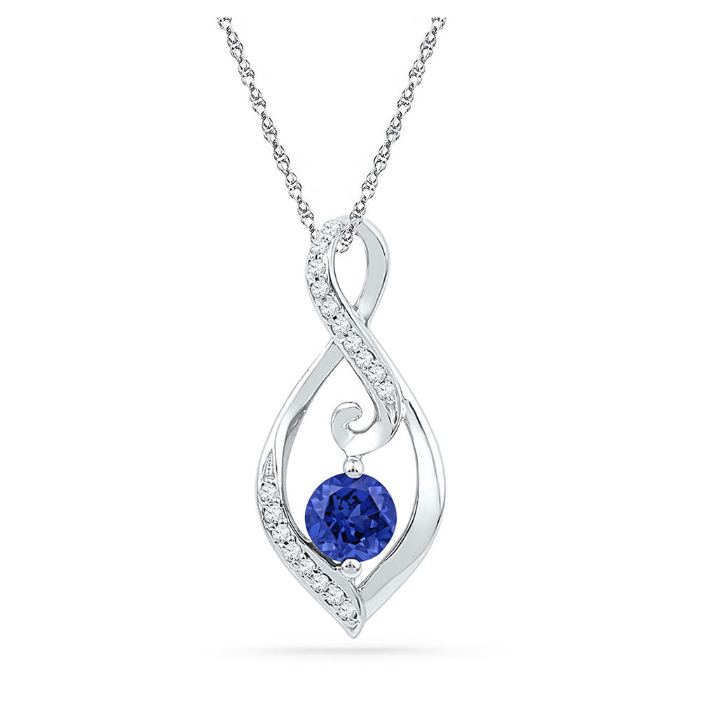 10kt White Gold Womens Round Synthetic Blue Sapphire Solitaire Diamond Pendant 1/10 Cttw