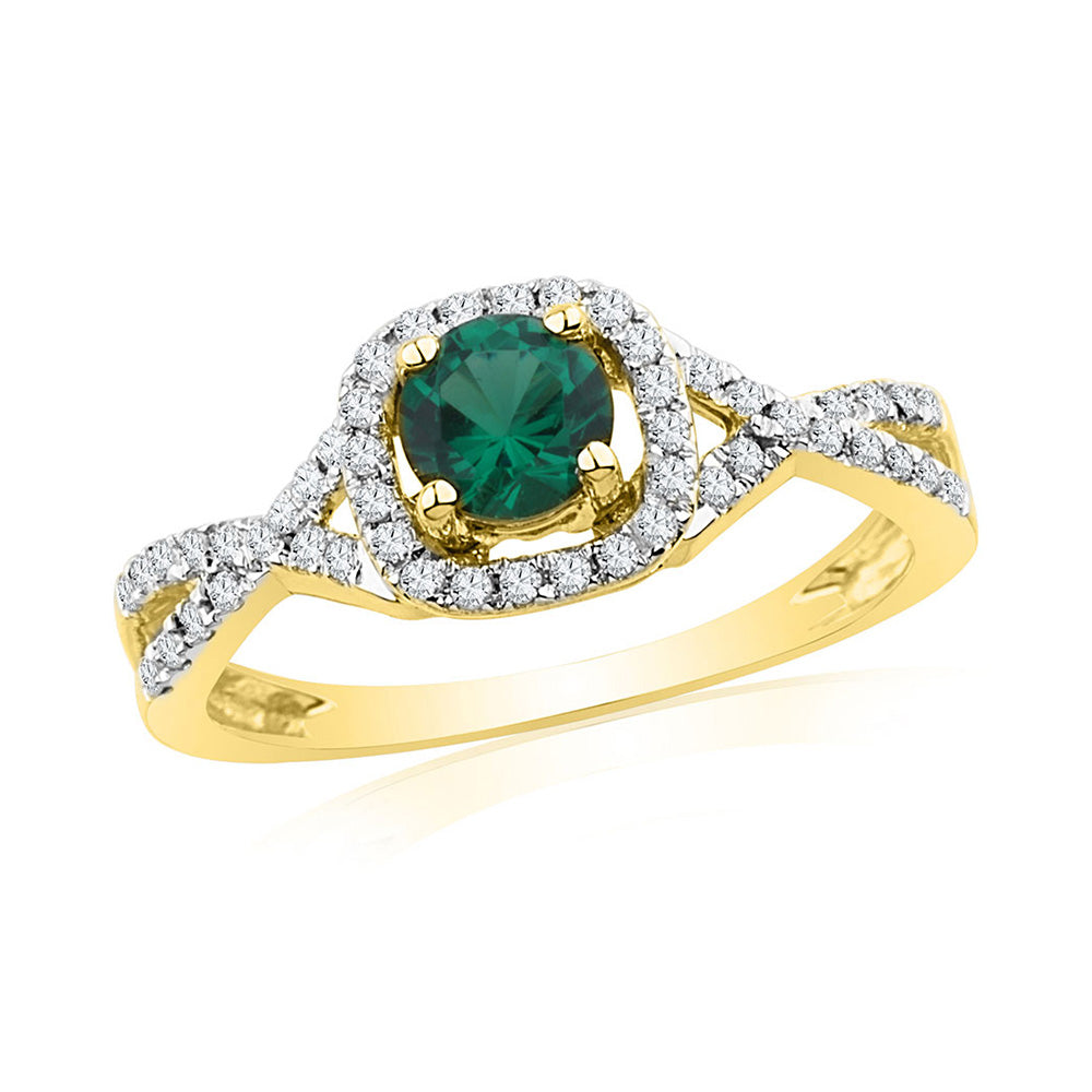 10kt Yellow Gold Womens Round Synthetic Emerald Solitaire Diamond Ring 3/4 Cttw