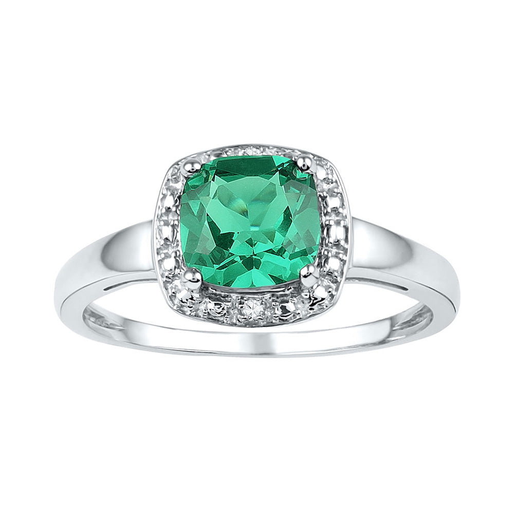 Sterling Silver Womens Cushion Synthetic Emerald Solitaire Diamond Ring 1-3/4 Cttw