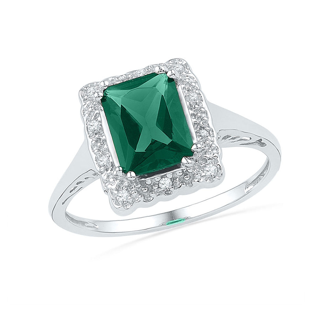 Sterling Silver Womens Synthetic Emerald Solitaire Diamond Ring 1-3/4 Cttw