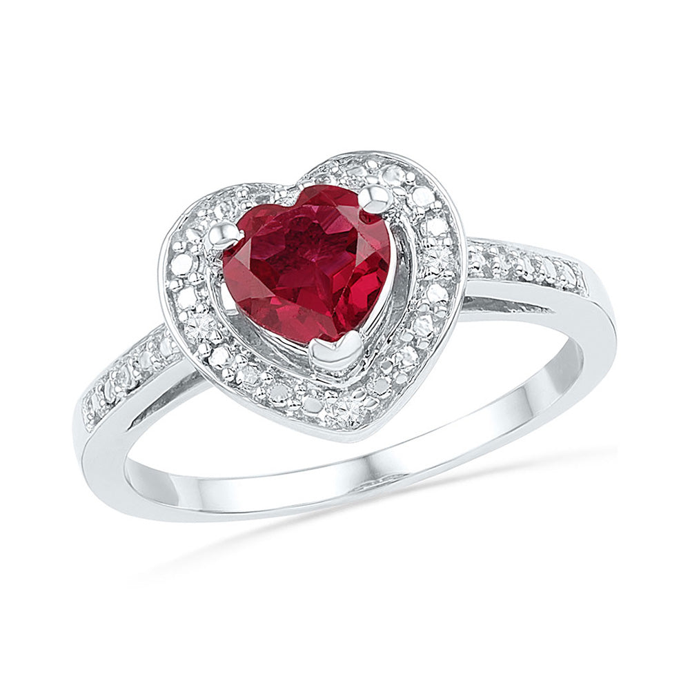 Sterling Silver Womens Round Synthetic Ruby Heart Diamond Ring 1 Cttw