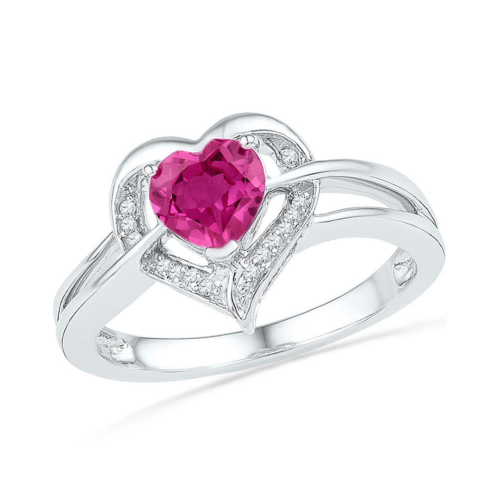 Sterling Silver Womens Round Synthetic Pink Sapphire Heart Diamond Ring 1 Cttw