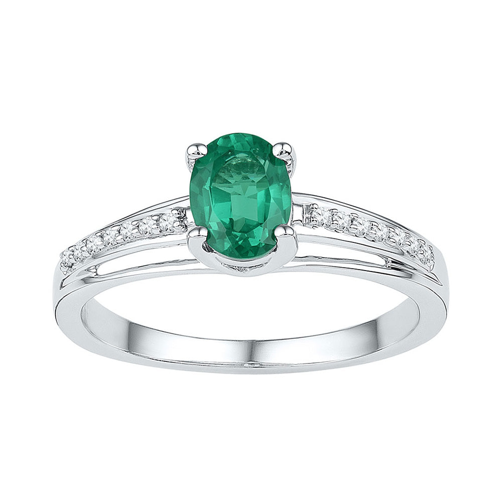 Sterling Silver Womens Oval Synthetic Emerald Solitaire Diamond Ring 1/2 Cttw