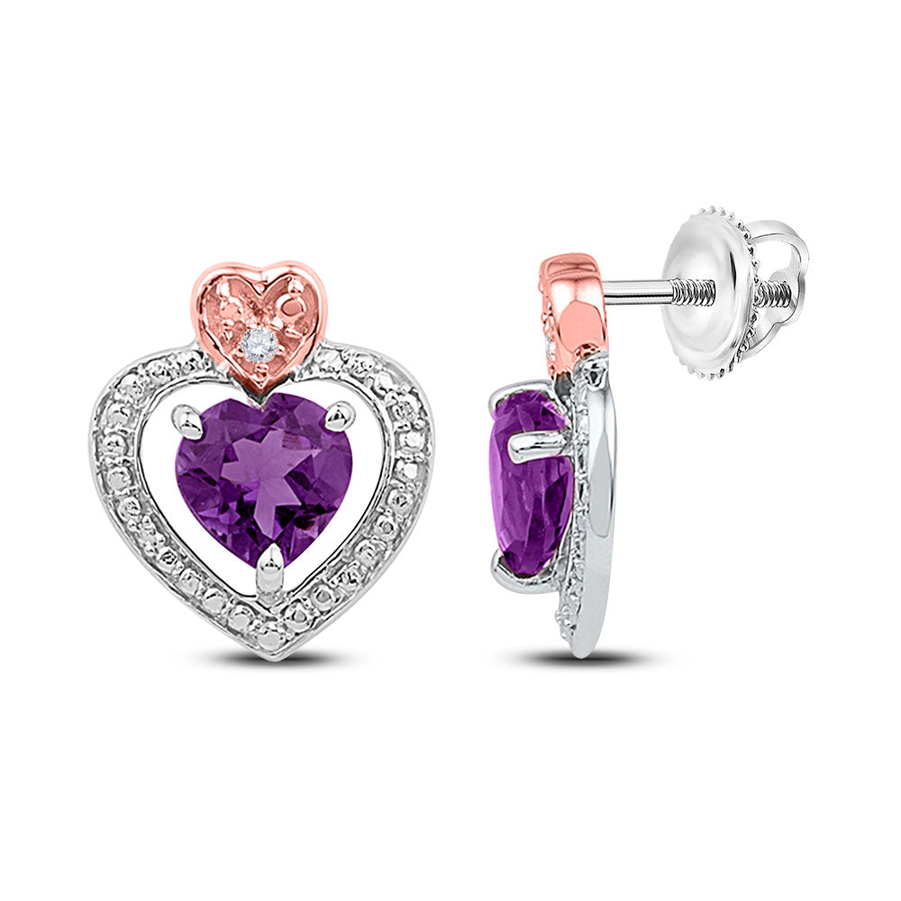 Sterling Silver Womens Round Synthetic Amethyst Heart Earrings 7/8 Cttw