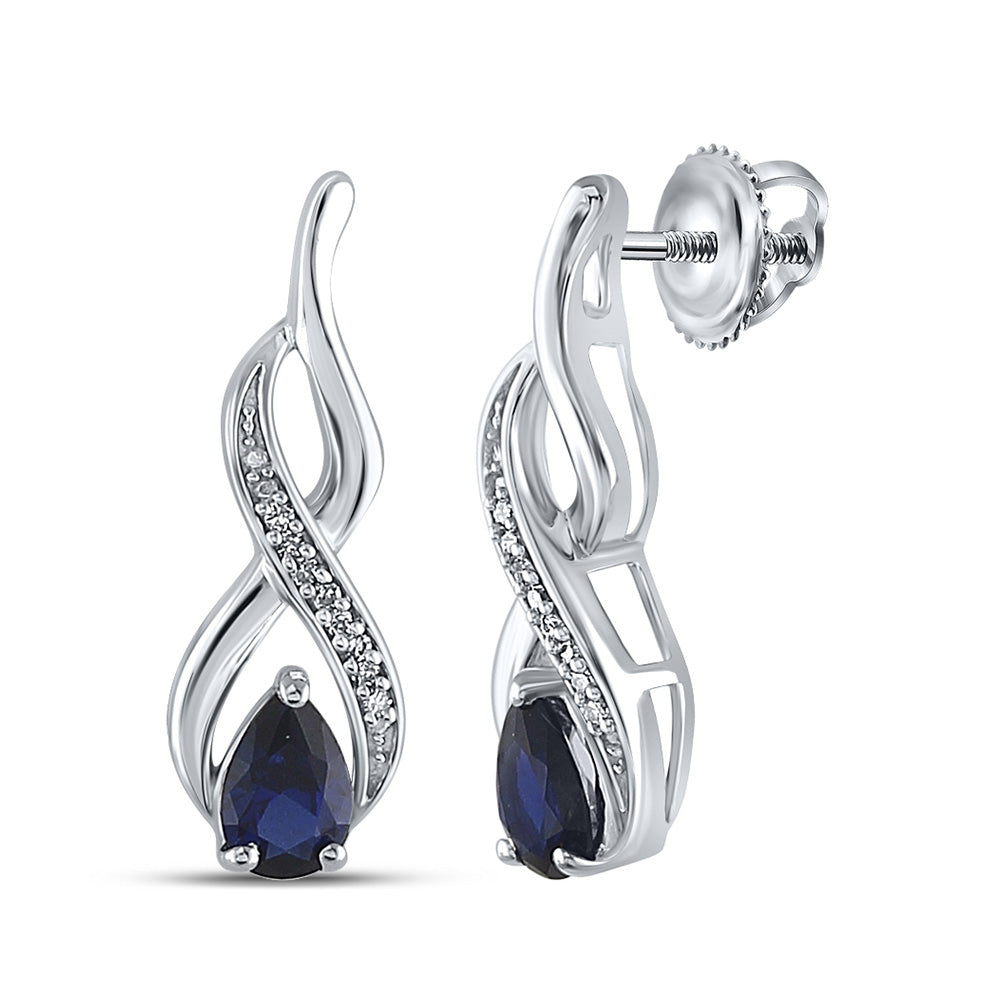 Sterling Silver Womens Pear Synthetic Blue Sapphire Diamond Earrings 1/20 Cttw