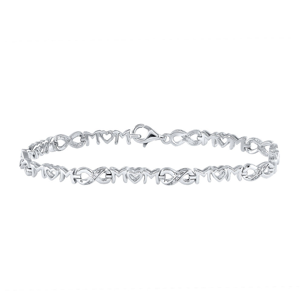 Sterling Silver Womens Round Diamond Mom Heart Link Bracelet .03 Cttw