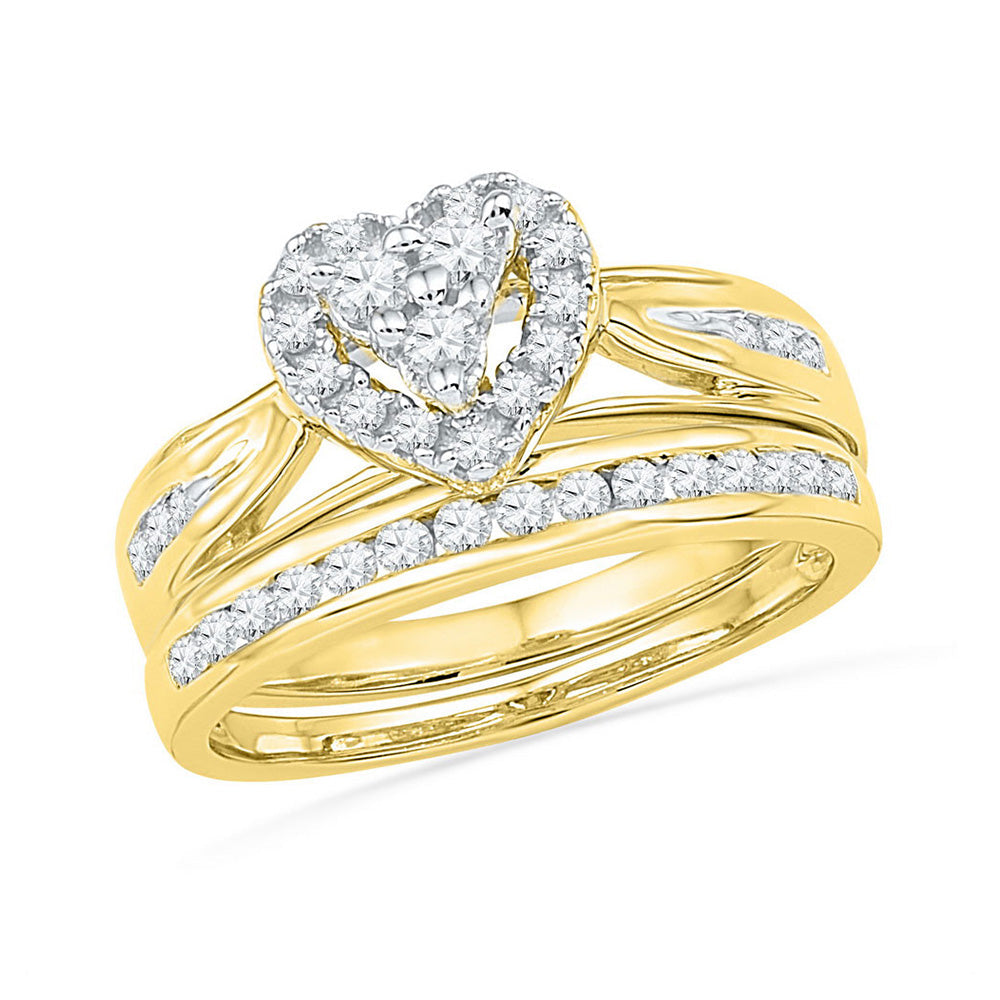 10kt Yellow Gold Round Diamond Heart Bridal Wedding Ring Band Set 1/2 Cttw