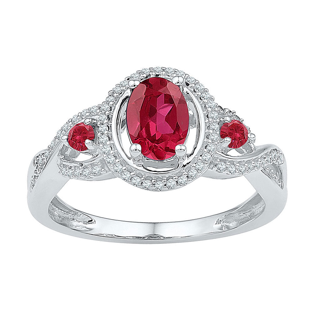 10kt White Gold Womens Oval Lab-Created Ruby 3-stone Ring 1-1/5 Cttw