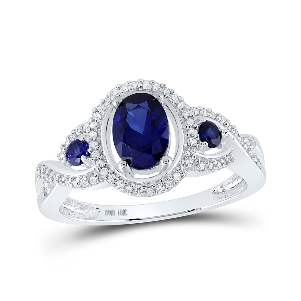 10kt White Gold Womens Oval Synthetic Blue Sapphire 3-stone Ring 1-1/2 Cttw