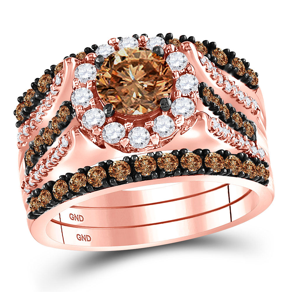 14kt Rose Gold Womens Round Brown Diamond Bridal Wedding Ring Band Set 2-1/4 Cttw