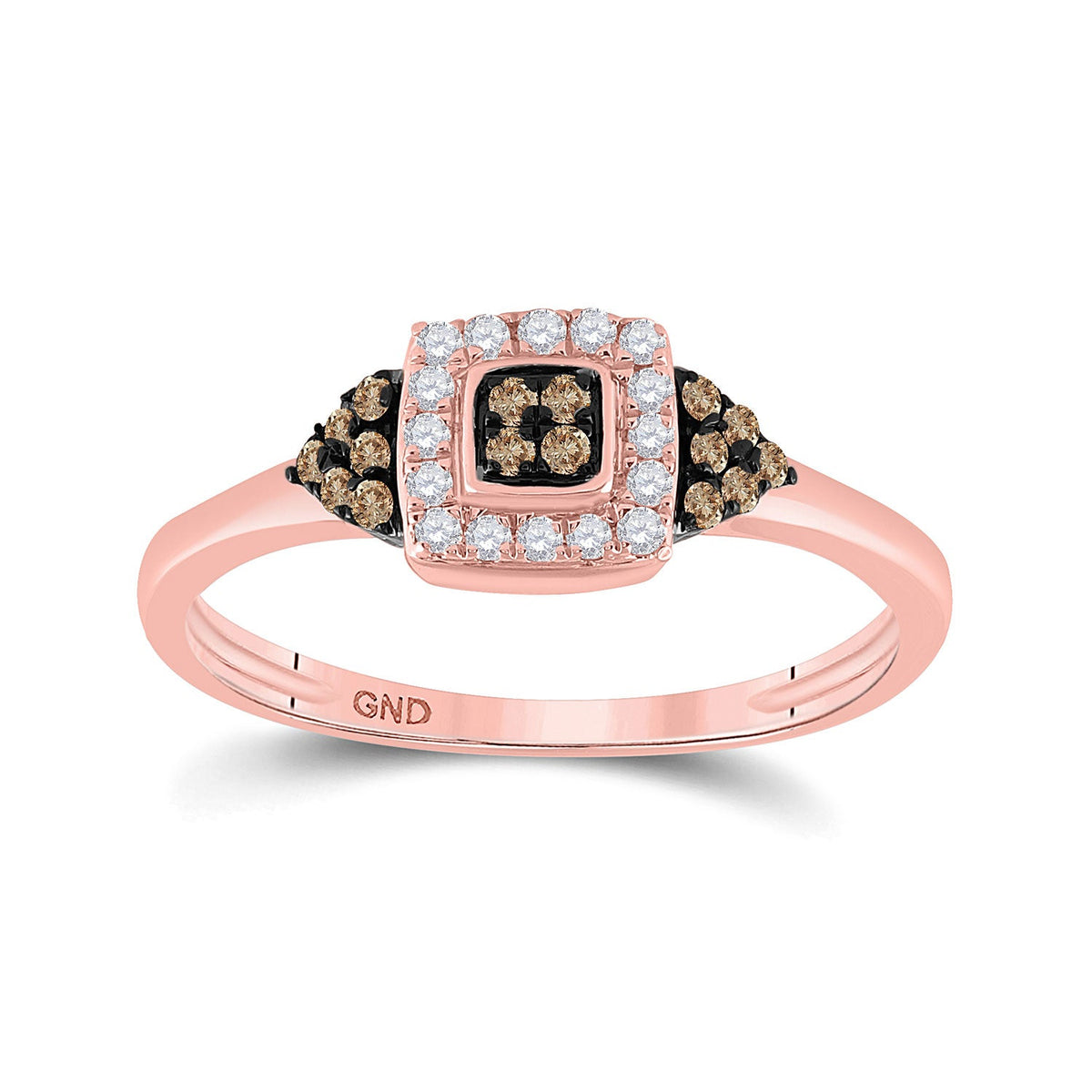 10kt Rose Gold Womens Round Brown Diamond Square Cluster Ring 1/5 Cttw