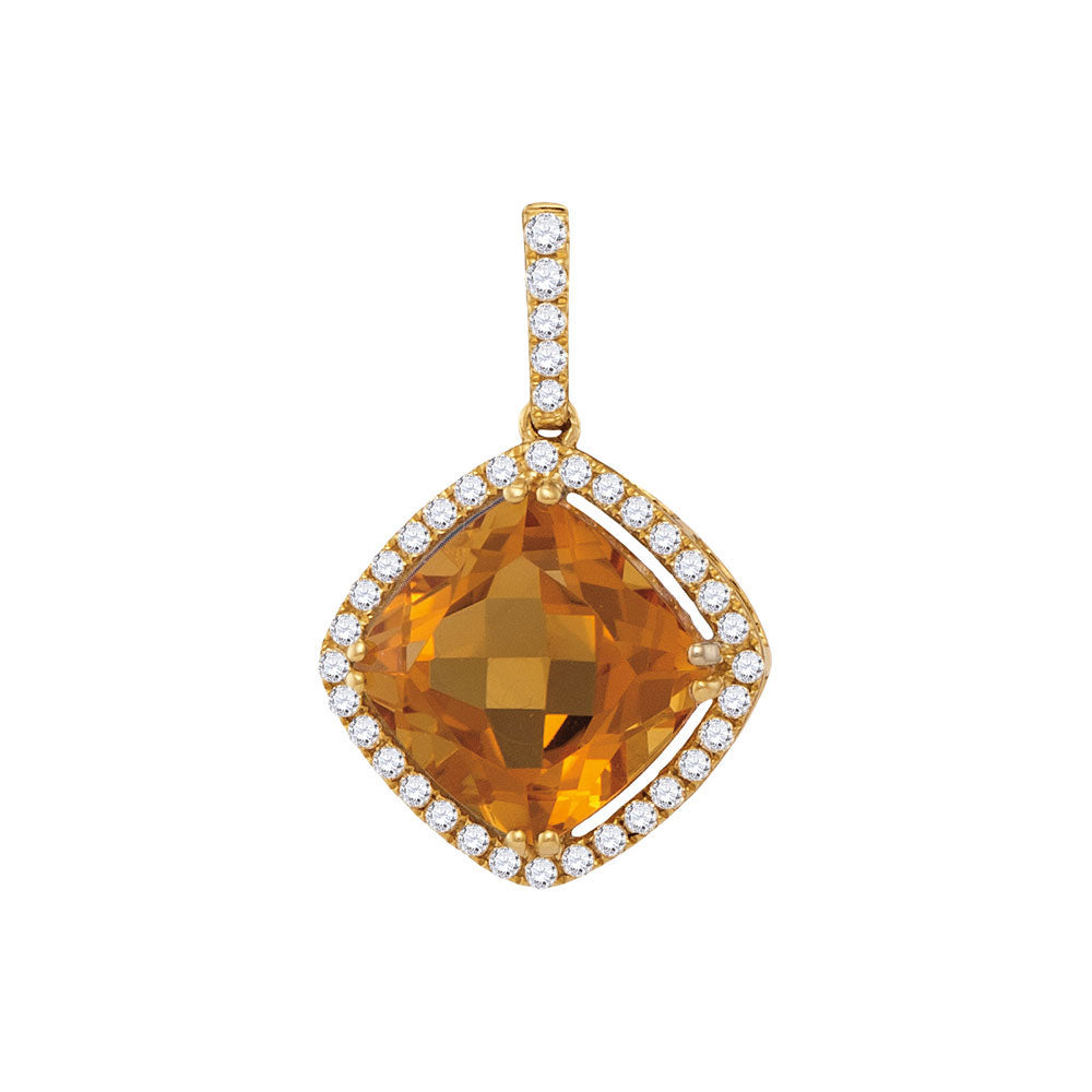 14kt Yellow Gold Womens Cushion Citrine Diamond Solitaire Pendant 2-3/4 Cttw