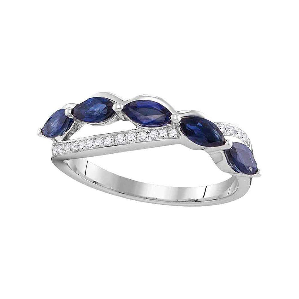 14kt White Gold Womens Marquise Blue Sapphire Diamond Band Ring 1 Cttw