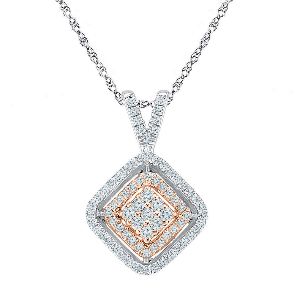 10kt Two-tone Gold Womens Round Diamond Offset Square Pendant 1/4 Cttw