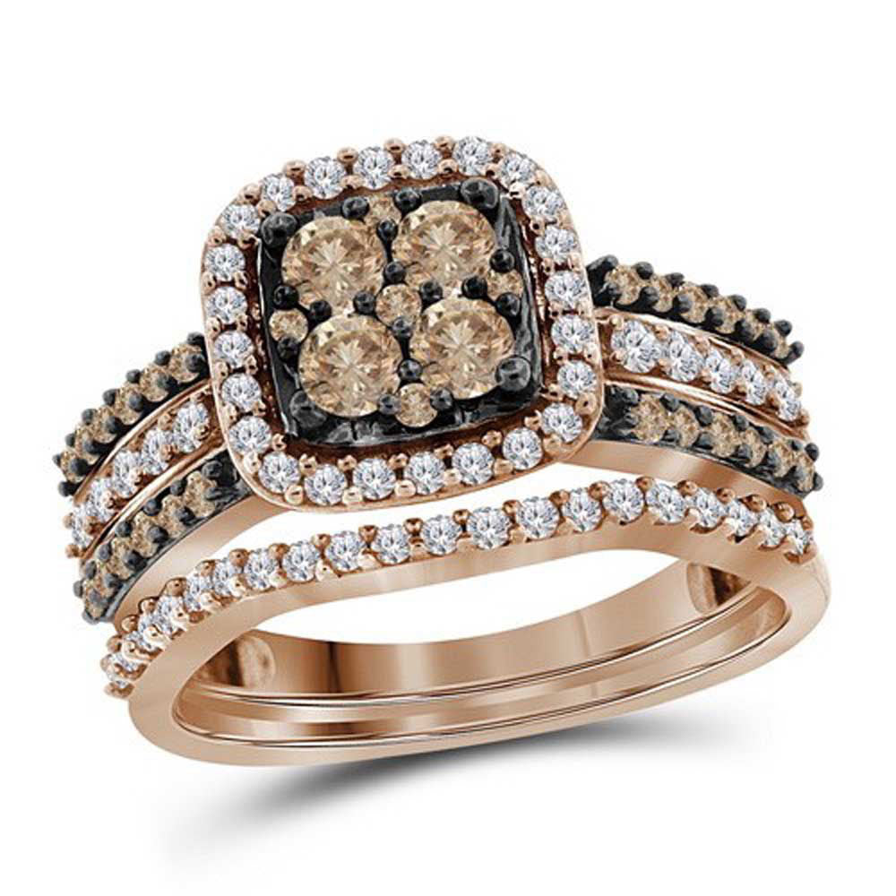 10kt Rose Gold Womens Round Brown Diamond Bridal Wedding Ring Band Set 1 Cttw