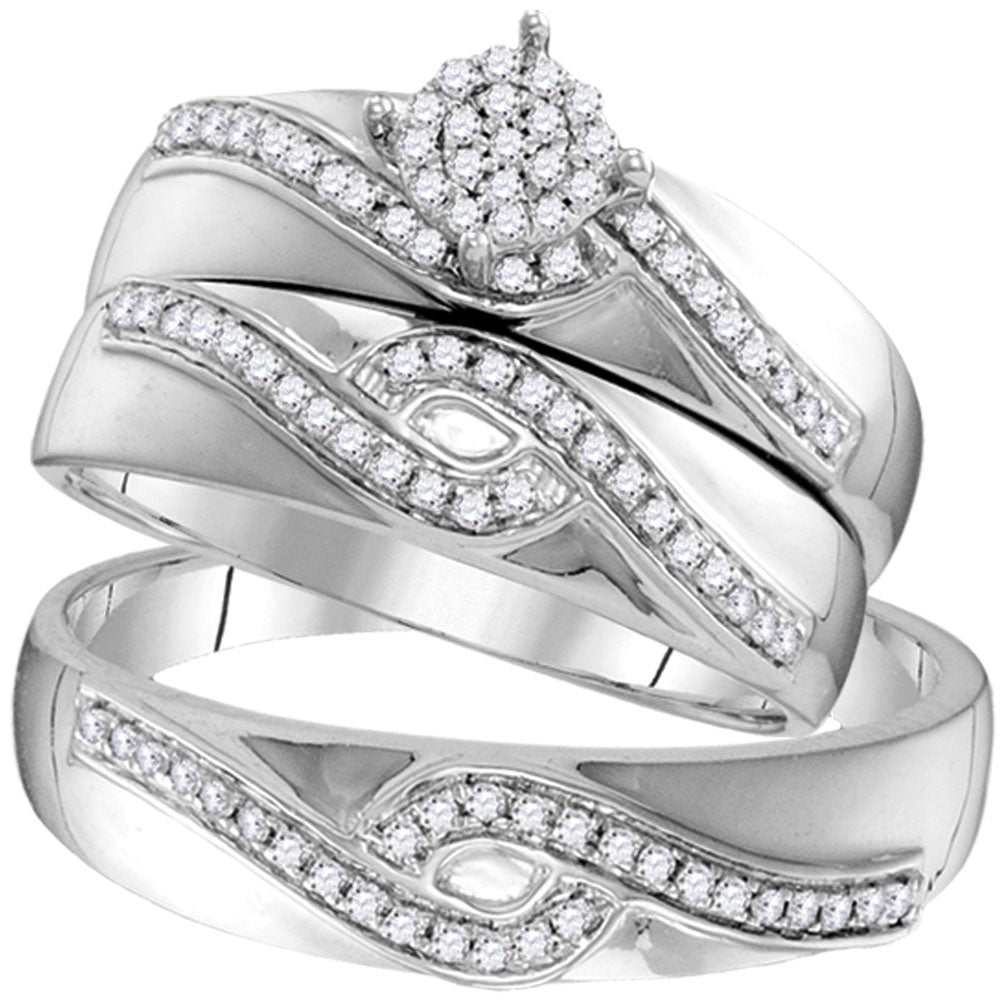 10kt White Gold His Hers Round Diamond Cluster Matching Wedding Set 1/3 Cttw