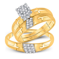 Load image into Gallery viewer, 10kt Yellow Gold His Hers Round Diamond Cross Matching Wedding Set 1/4 Cttw
