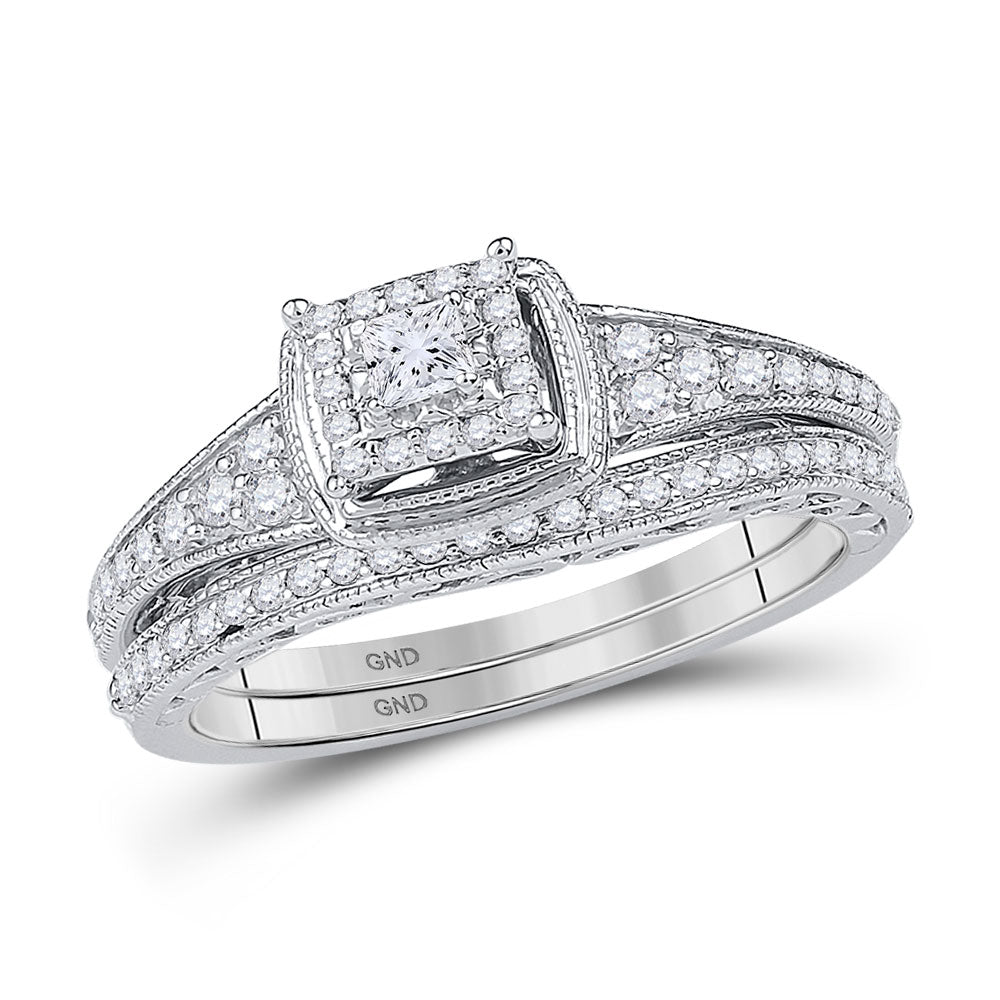 10kt White Gold Princess Diamond Bridal Wedding Ring Band Set 1/2 Cttw