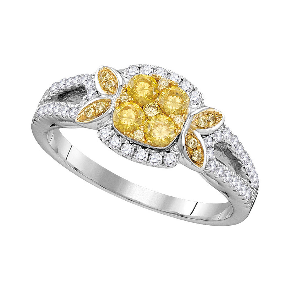 14kt White Gold Womens Round Yellow Diamond Square Cluster Ring 3/4 Cttw