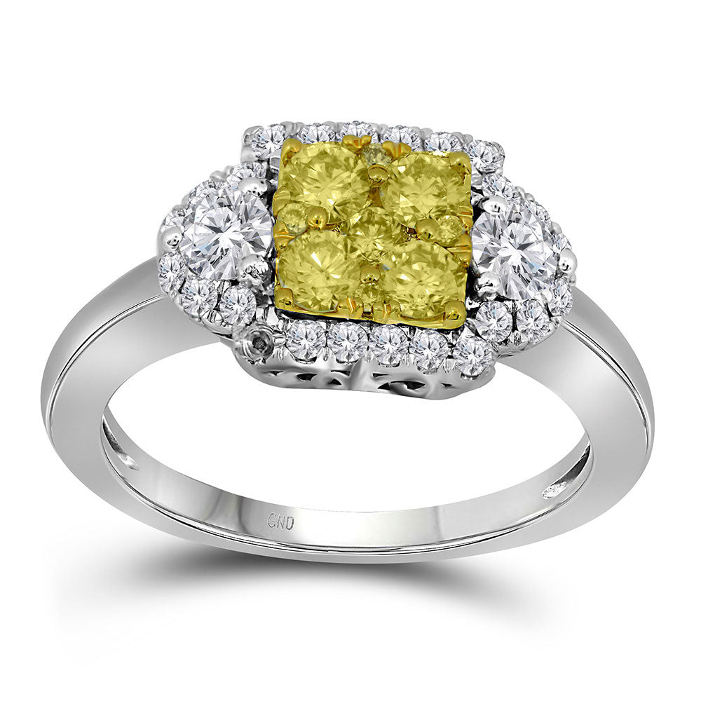 14kt White Gold Womens Round Yellow Diamond Square Ring 1 Cttw
