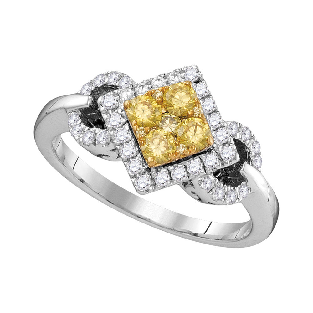 14kt White Gold Womens Round Yellow Diamond Offset Square Ring 3/4 Cttw
