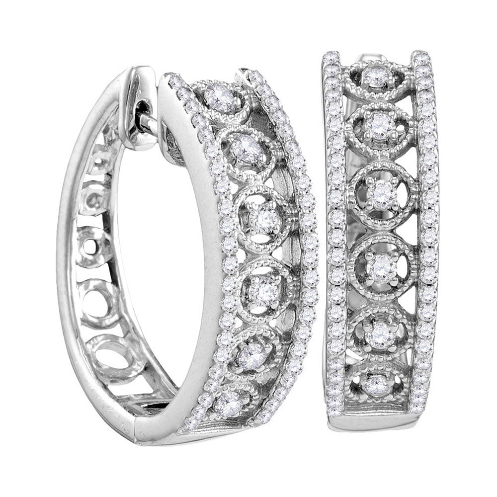 10kt White Gold Womens Round Diamond Hoop Earrings 1/2 Cttw