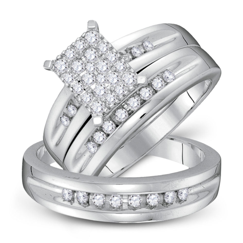 10kt White Gold His Hers Round Diamond Cluster Matching Wedding Set 5/8 Cttw