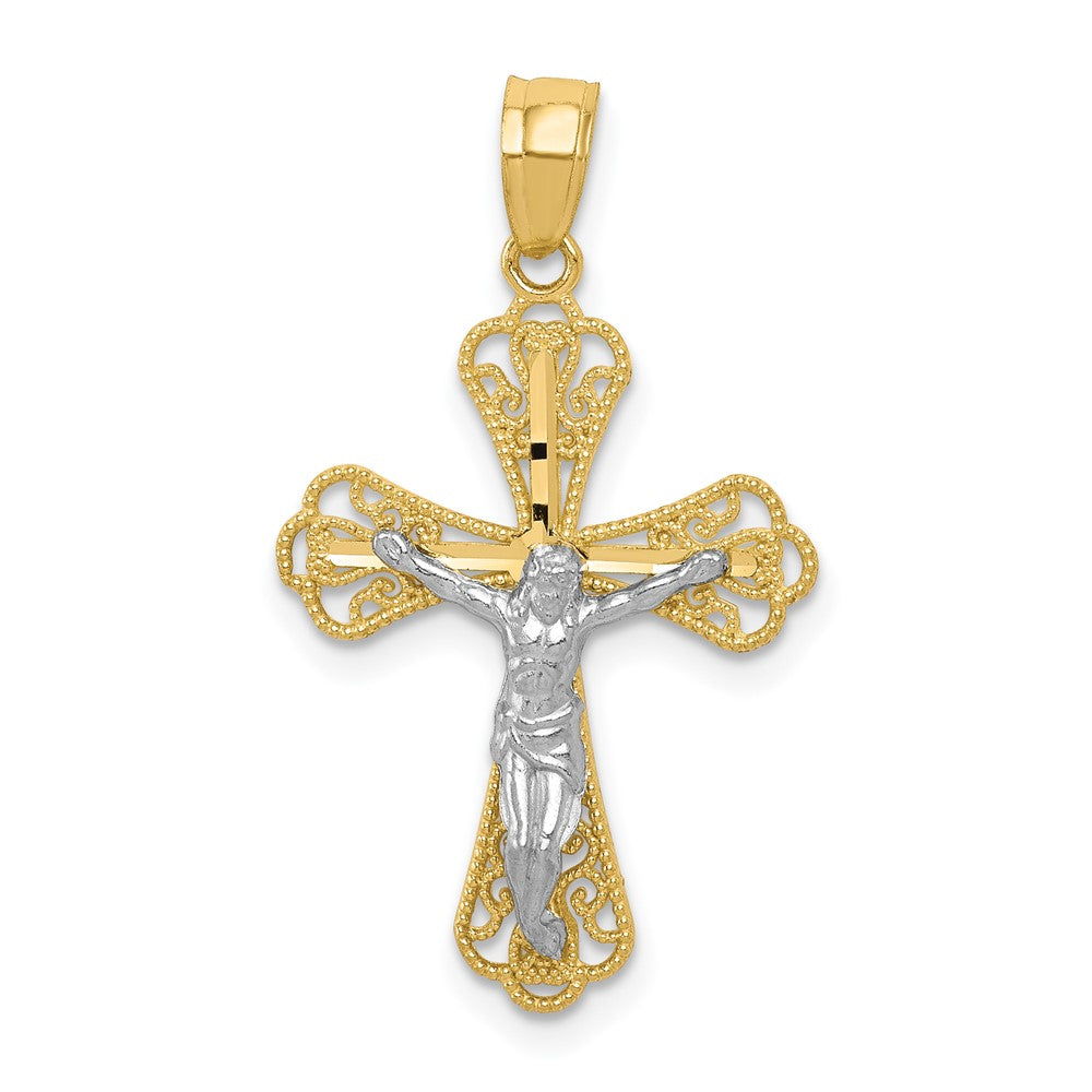 10K w/ Rhodium Filigree Crucifix Pendant