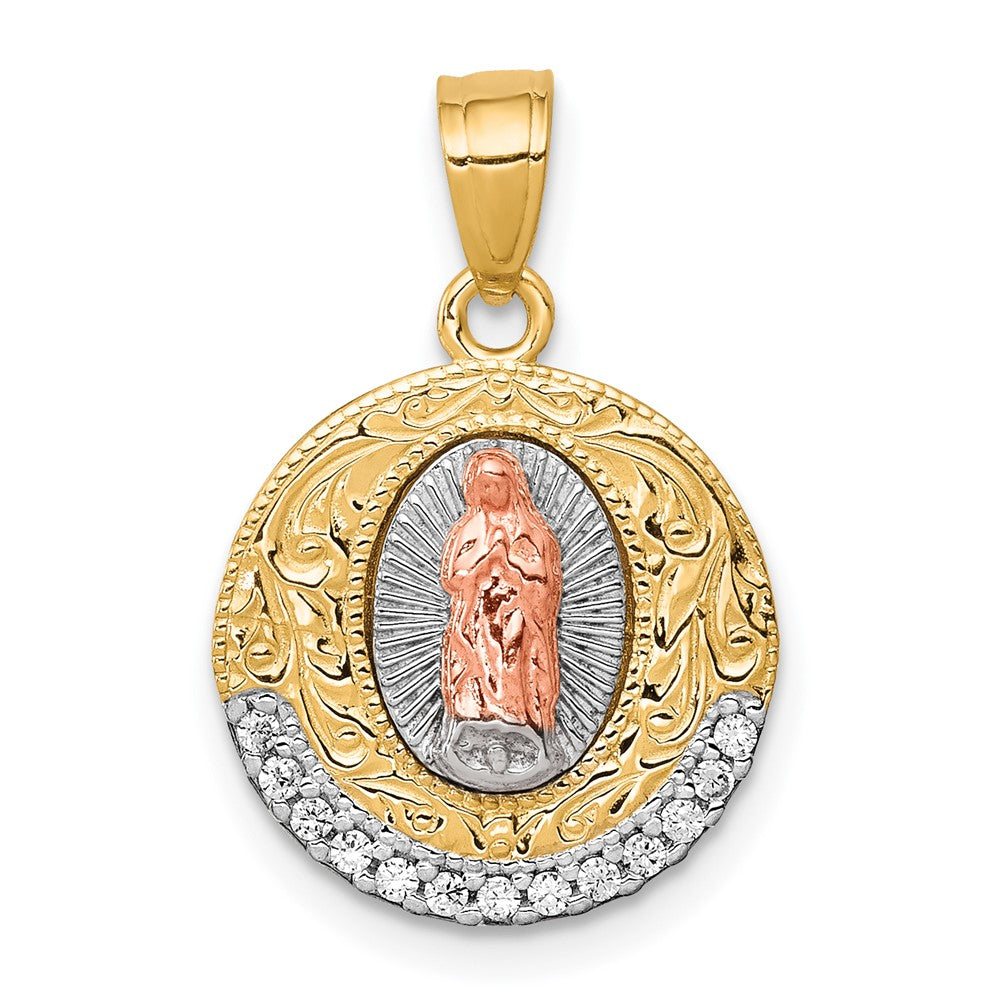 10K Two-Tone w/ Rhodium CZ Lady Of Guadalupe Round Pendant