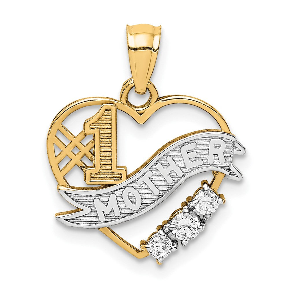 10K W/Rhodium CZ #1 MOTHER In Heart Pendant