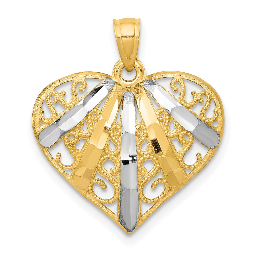 10K w/Rhodium Diamond-Cut Filigree Heart Pendant
