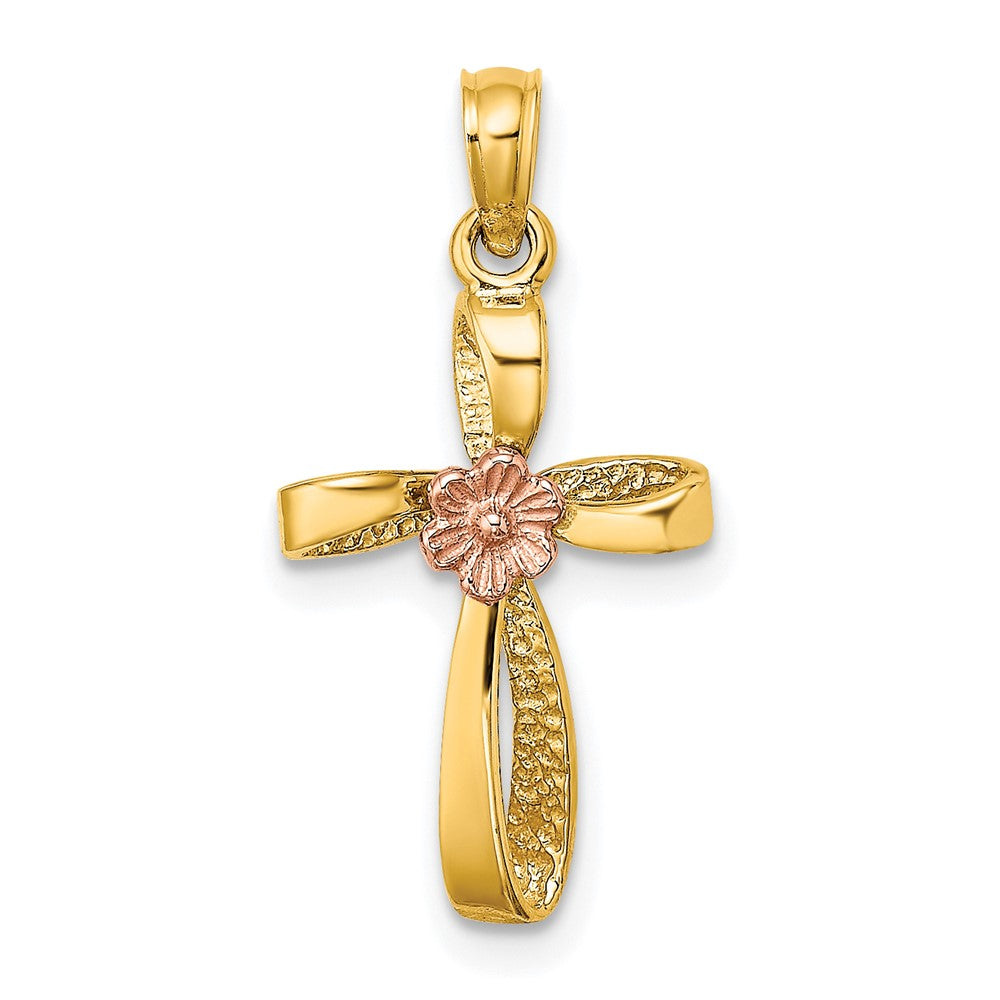 10K Two-Tone Twisted Cross w/ Heart Charm