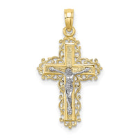 Load image into Gallery viewer, 10K Two-tone Textured w/ Lace Trim Crucifix Charm
