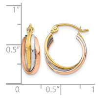 Load image into Gallery viewer, 10K Tri-color Polished Hinged Hoop Earrings
