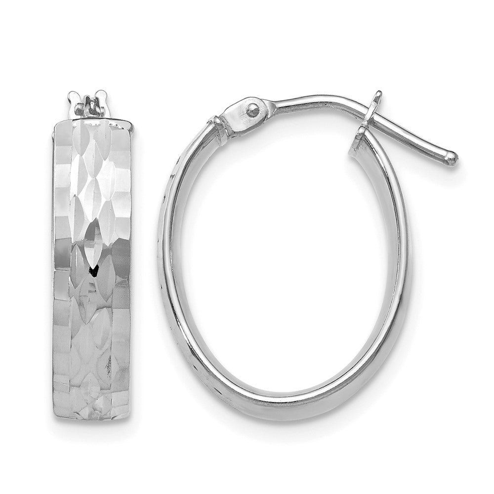 10K with White Rhodium Plating Polished and Diamond-cut Oval Hinged Hoop Earrings