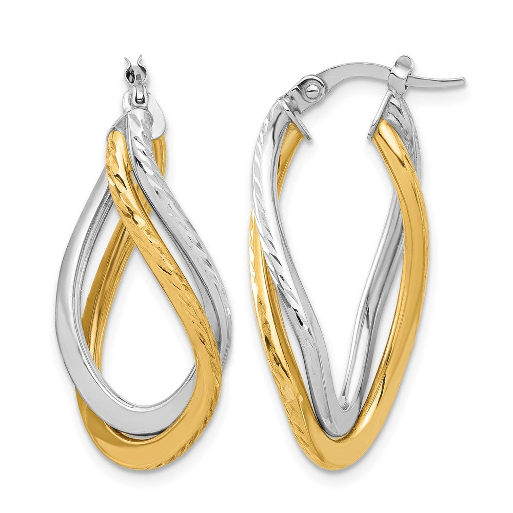 10K with Rhodium Polished and Diamond-cut Twist Hoop Earrings