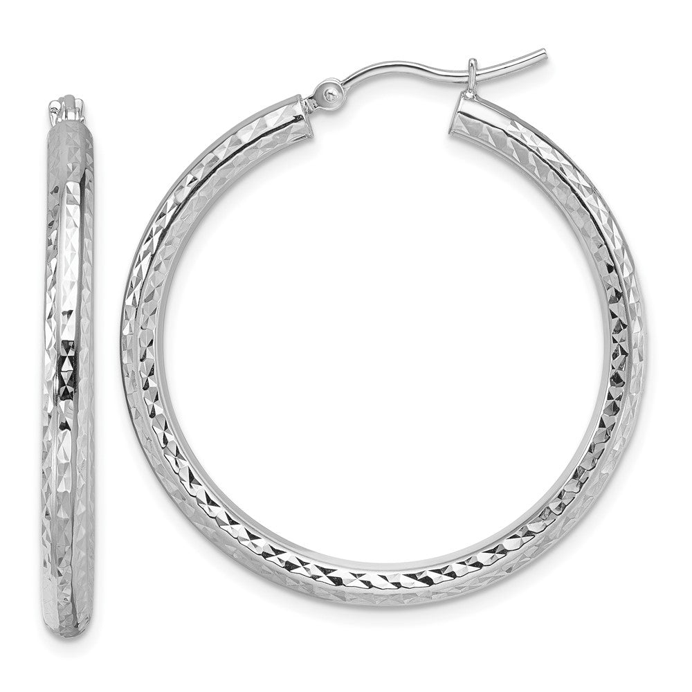 10k White Gold Diamond-cut 3mm Round Hoop Earrings
