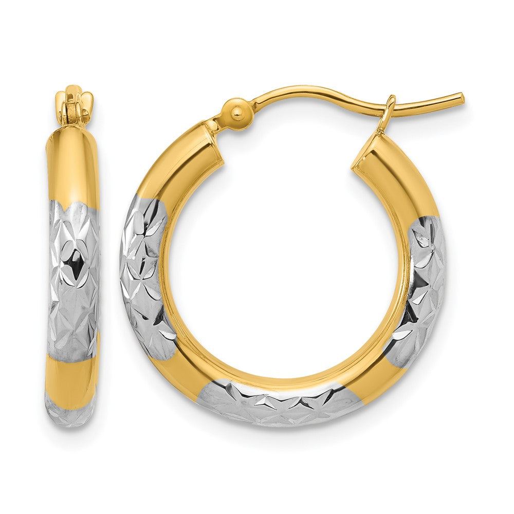 10K with Rhodium Diamond Cut 3mm Hoop Earrings