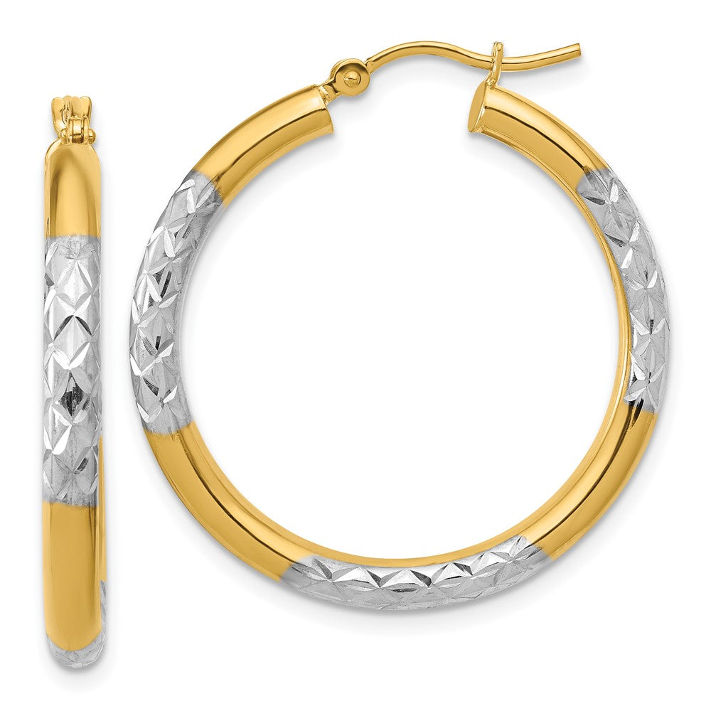 10K with Rhodium Diamond Cut 3mm Hoop Earrings